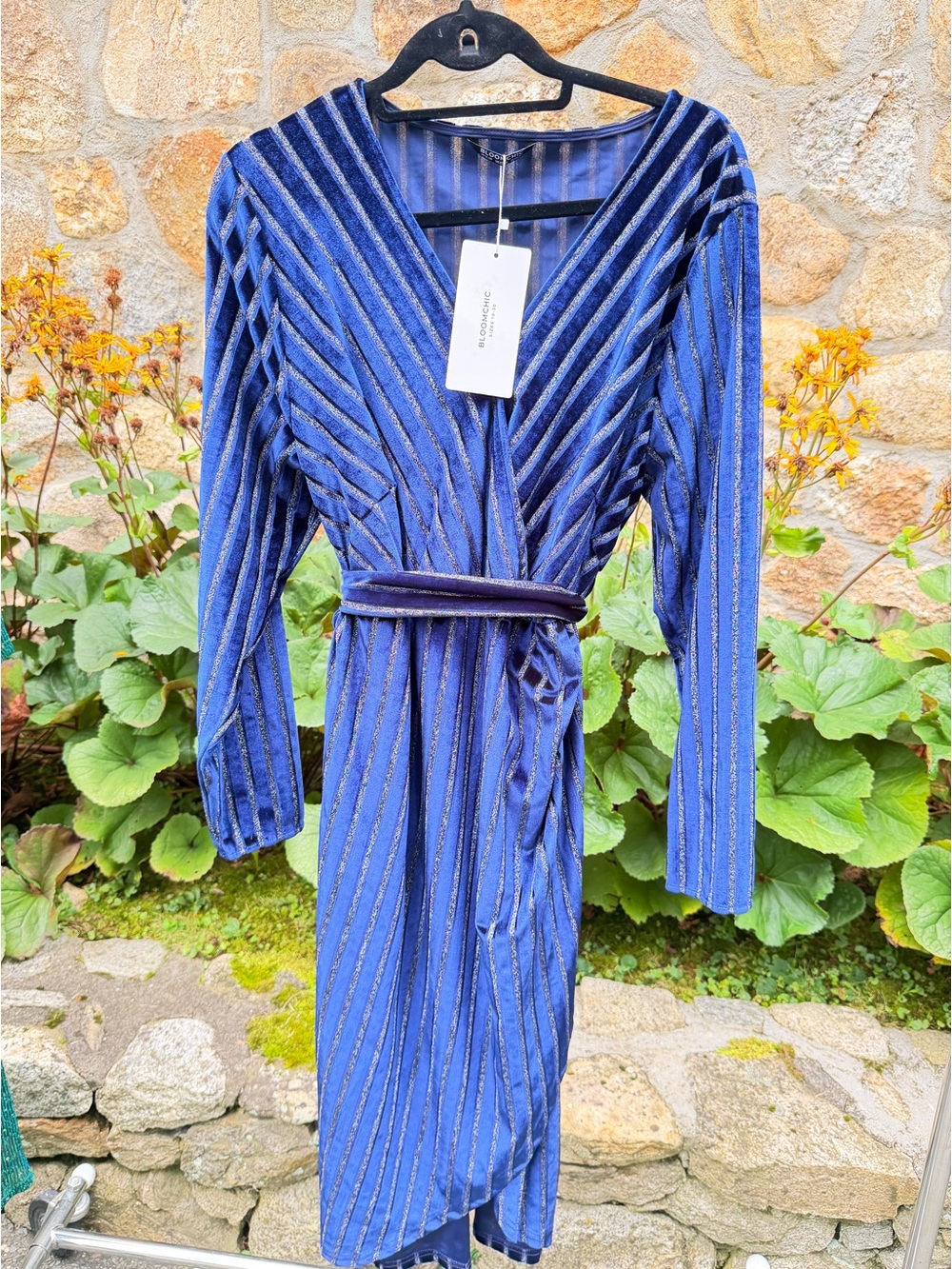BloomChic Blue Metallic-Striped Wrap Dress
